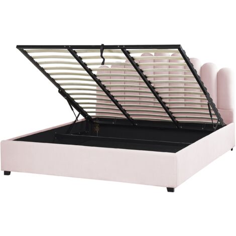 Cama con almacenaje de terciopelo rosa negro 180 x 200 cm somier listones Vincennes (1/5)