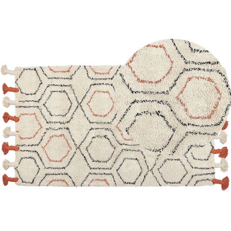 Alfombra de algodón beige naranja negro 80 x 150 cm a mano geométrico borlas Hajipur (1/5)