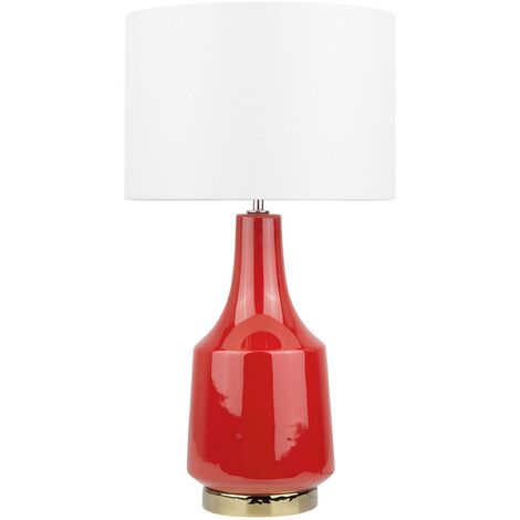 Lámpara de mesa mesita de noche base de cerámica roja pantalla redonda de tambor de poli algodón blanco crema Triversa (1/5)