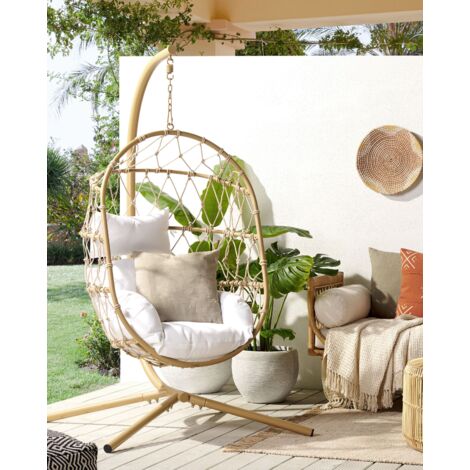 Silla columpio colgante, hamaca de ratán con soporte tipo C, silla colgante  plegable de mimbre para patio al aire libre con cojín y almohada para