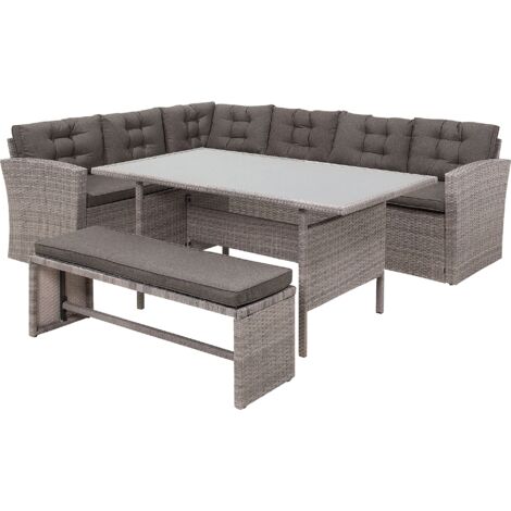 Conjunto de comedor de jardín de ratán sintético gris con cojines sofá banco mesa rectangular con tablero de vidrio 80x145 cm Viterbo