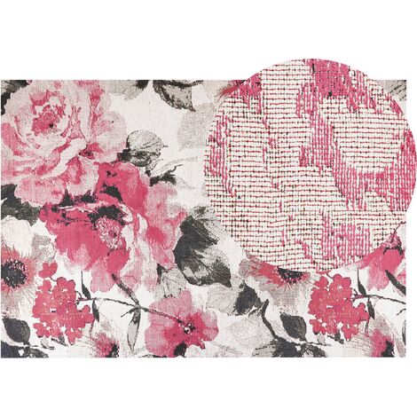Alfombra de algodón rosa negro beige 140 x 200 cm patrón floral retro Ejaz (1/5)