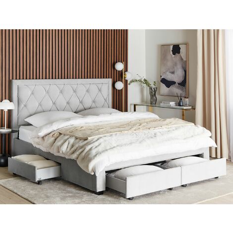 Cama 140 x 200 cm con cabecero capitoné tela lino gris claro con colchón -  KERANO