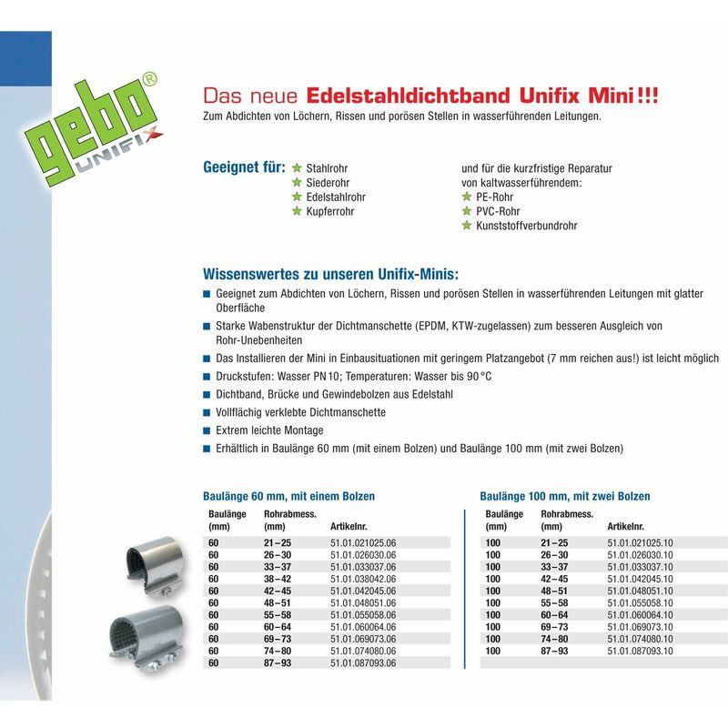 Edelstahl Dichtband 108 - 118 mm Unifix Mini Dichtschelle