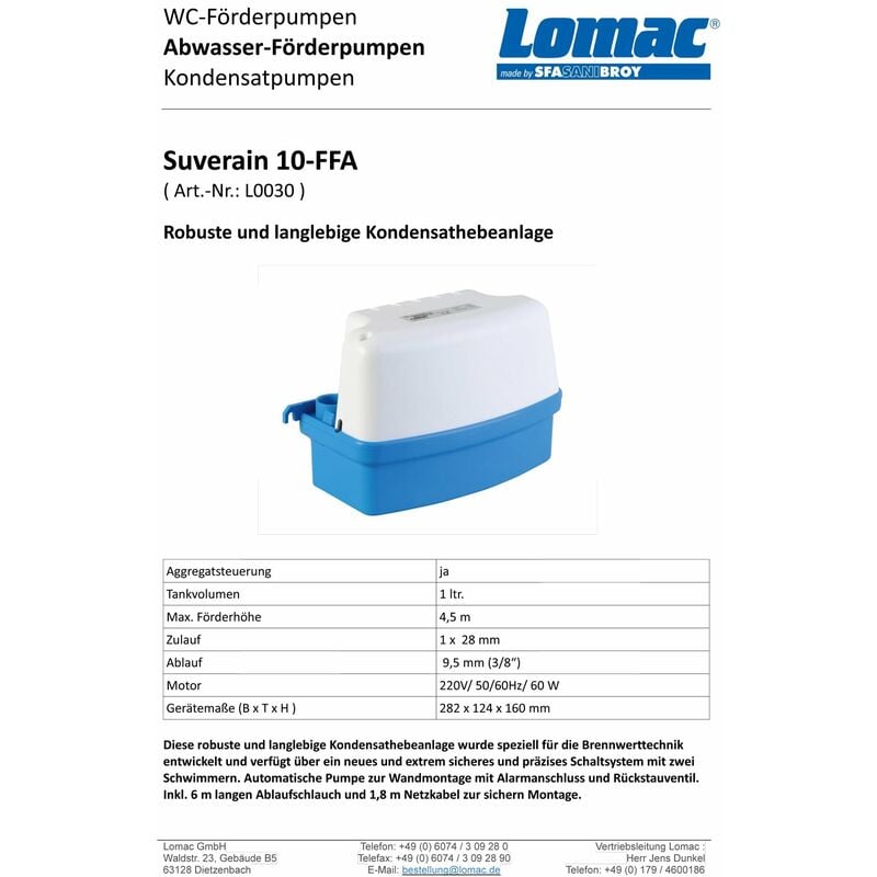 SFA Lomac Suverain 10FFA-A Kondensat Hebeanlage Kondenswasserpumpe Heizung