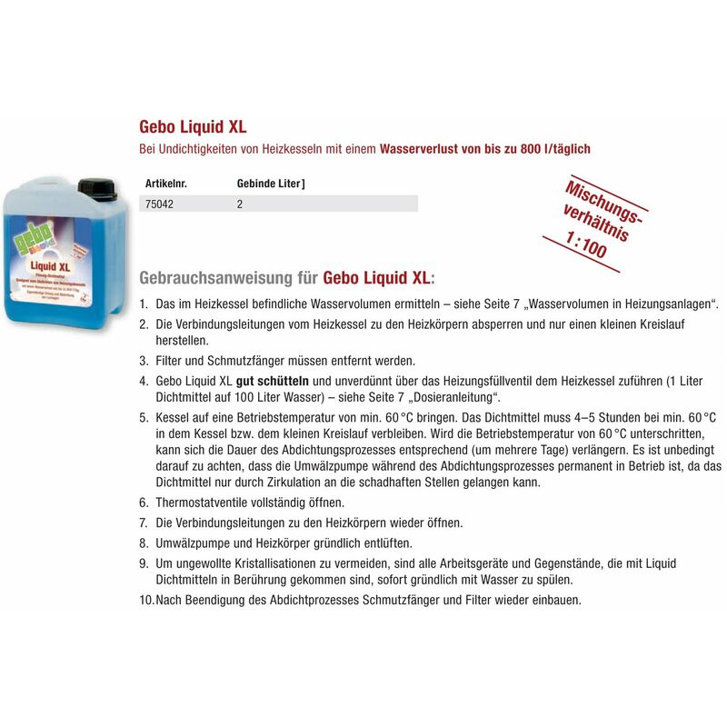 Gebo Liquid XL 2l Dichtmittel Dichtungsmittel Flüssigdichtmittel  Heizungskessel