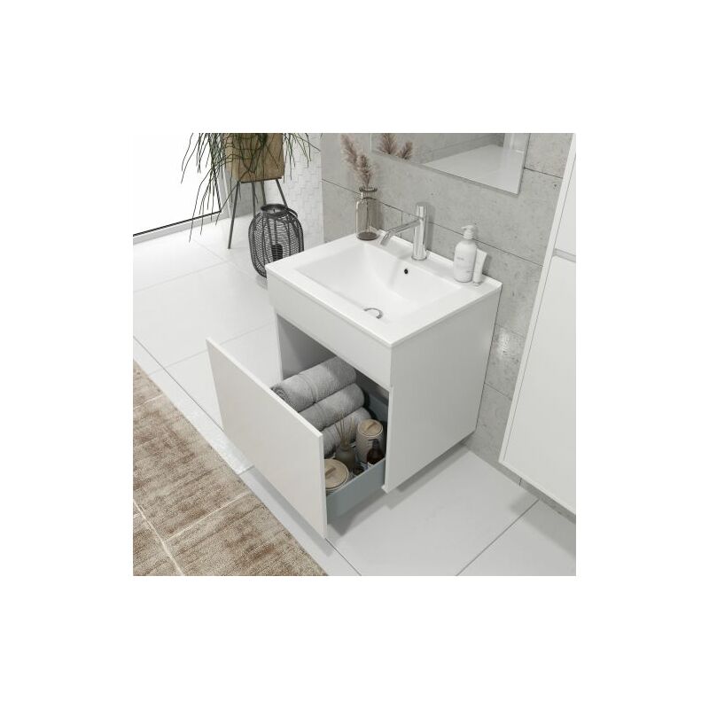 Mueble de baño suspendido con lavabo y cajón 60 x 45 x 60 cm blanco Soki