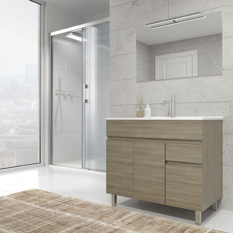 Mueble de baño con Lavabo incluido de Cerámica 3 puertas y 1 cajón - Mueble  Montado - Ancho 80 cms (80 anchox60 altox45 fondo)- Estepa - Modelo CLIF