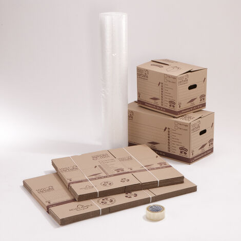 Mottez – Kit de déménagement complet – 5 cartons 36L et 5 cartons 54L – 1 rouleau film bulles 10m x 1m – 1 rouleau adhésif 100m