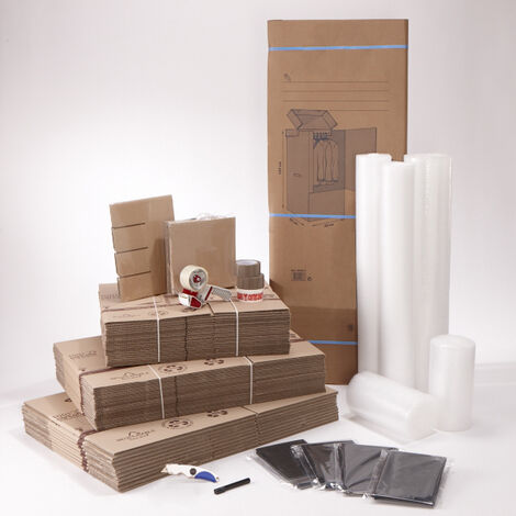 Mottez – Kit déménagement maison – 20 cartons 36L, 54L, 72L – Housse matelas et canapé – Film bulle 30m x 1m – Cutter et adhésifs inclus