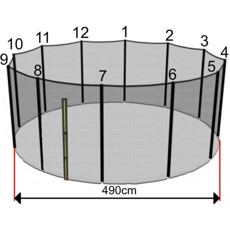 Filet de trampoline 490 cm – 12 montants de 180 cm – Maille serrée avec ouverture Zip sécurisée – Protection optimale