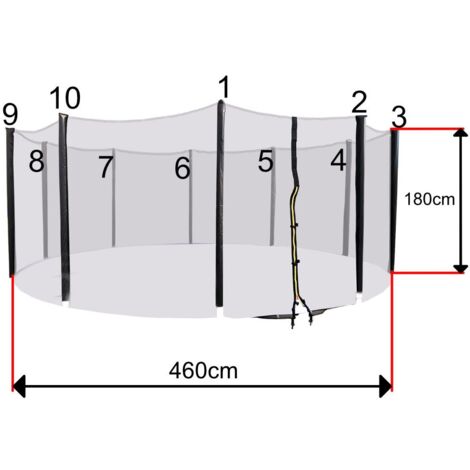 Filet trampoline 460cm – 10 barres – hauteur 180cm – maille serrée avec ouverture zip sécurisée – compatible trampolines 450 à 460cm