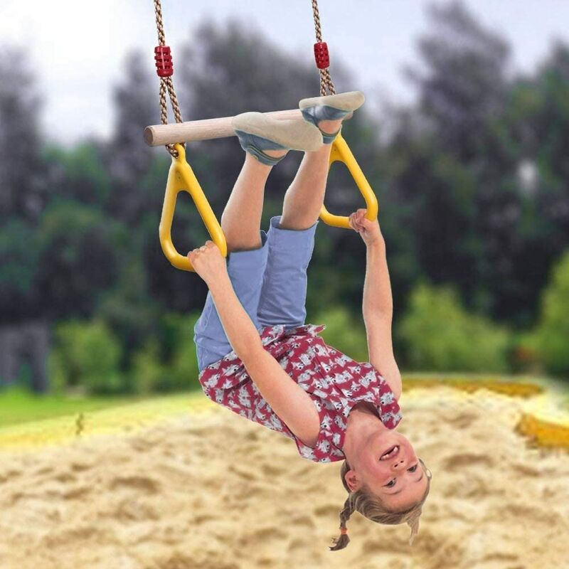 Balançoire trapèze multifonctionnelle avec anneaux balançoire en bois pour enfants avec anneaux de gymnastique en plastique pour suspendre jusqu'à 120 kg pour le fitness et le divertissement Bleu 