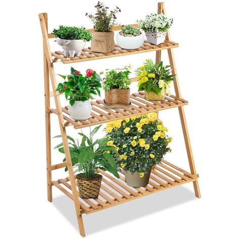 Hofuton Escalier étagère pour fleurs en bambou 3 étages pliant rangement bois plantes pliable nature 70x40x96cm (1/5)