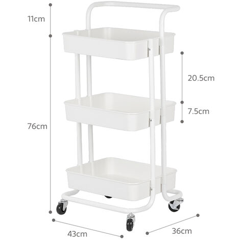 Hofuton Desserte Cuisine de Rangement 3 Paniers à Roulettes avec Accoudoirs Chariot de Stockage 43  36  86 cm Blanc