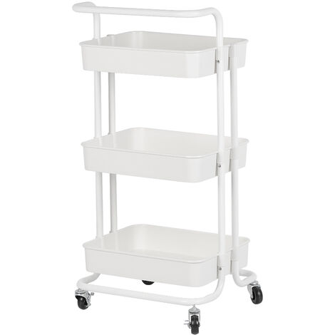 Hofuton Desserte Cuisine de Rangement 3 Paniers à Roulettes avec Accoudoirs Chariot de Stockage 43  36  86 cm Blanc