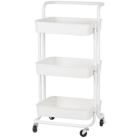 Hofuton Desserte Cuisine de Rangement 3 Paniers à Roulettes avec Accoudoirs Chariot de Stockage 43  36  86 cm Blanc