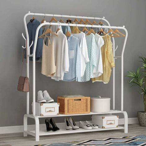 Hofuton Portant à Vêtement Porte Manteau Penderie sur Pied Cintre Tiges Double 110x 33x150cm 4 Crochets Blanc (1/5)