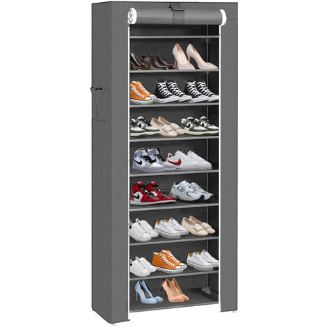 Hofuton Étagère à Chaussures à 10 Niveaux, Meuble de Rangement 30 x 60 x 160 cm, avec Housse de Protection, pour Chaussures de Sport, Talons Hauts, Pantoufles, Cadre en Métal, Gris (1/5)
