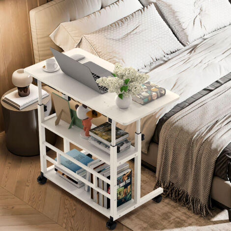 Hofuton Bureau d'ordinateur Portable Roulant Table Informatique Poste de Travail avec 2 Etagères, 80 x 40 x 74.5-95.5cm cm, Blanc (1/5)