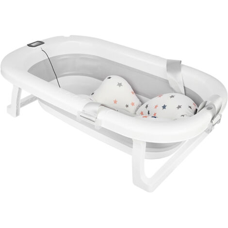 Hofuton Baignoire Bébé Pliable avec Coussin de Bain et Thermomètre Intégré - Idéal pour Cadeau de Naissance Fille ou Garçon - Gris (1/5)