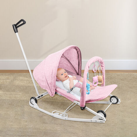 Hofuton Transat Bébé avec 4 Réglages de Vitesse et Dossier Réglable sur 3 Positions, Poussette Bébé Pliable avec Arche de Jeux Jouets, Moustiquaire - Rose