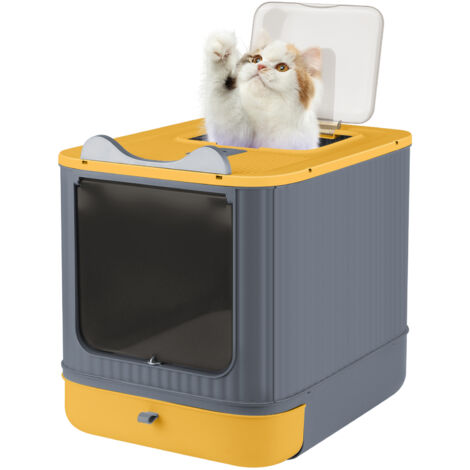 Hofuton Maison de toilette pour chat - tiroir à litière coulissant, porte transparente, pelle - jaune