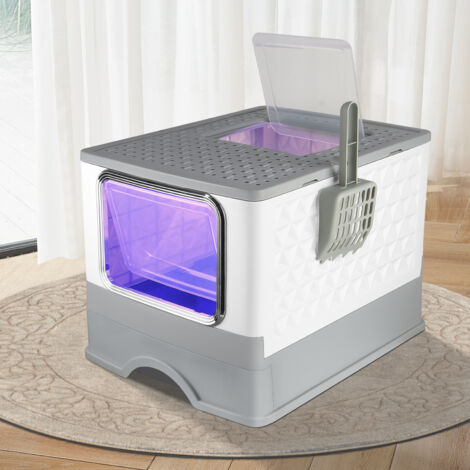 Hofuton Litière pliable pour chat avec lumière UV, entrée par le haut, anti-éclaboussures, bac à litière fermé en plastique avec pelle à litière pratique, gris (1/5)
