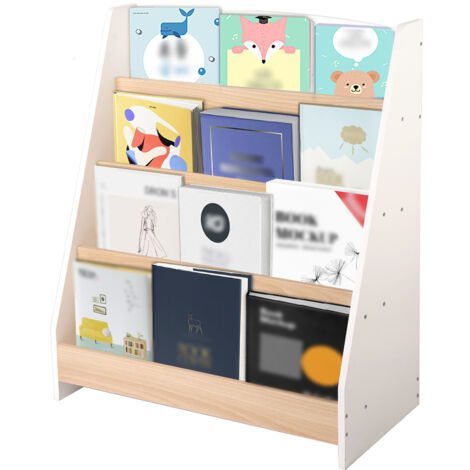 Hofuton Bibliothèque Étagère à Livres Enfants avec 4 Niveaux de Compartiments Ouvert, Meuble de Rangement pour Enfants avec Présentoir Frontal, 61x30x71cm, Blanc+Couleur Bois (1/5)