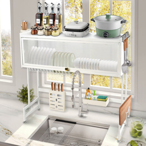 Hofuton Égouttoir à Vaisselle au-Dessus de l'évier - 2 Étages en Acier Inoxydable - avec Porte-Couteau, Porte-ustensiles, Support pour Planches à Découper etc - 65cm - Blanc