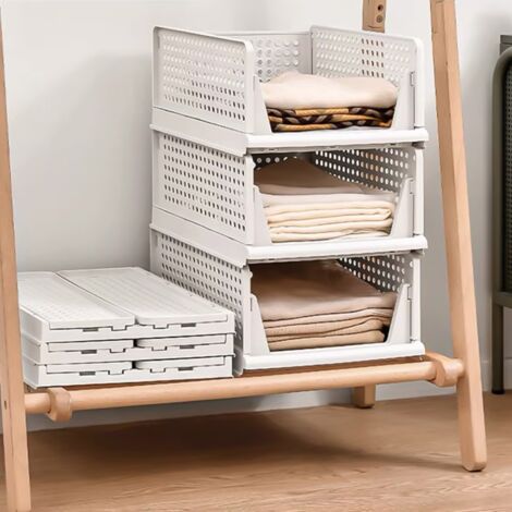 Hofuton Organiseurs de rangement pliables, empilables, paniers de rangement en plastique pour chambre à coucher, cuisine, salle de bain, blanc, lot de 3, S