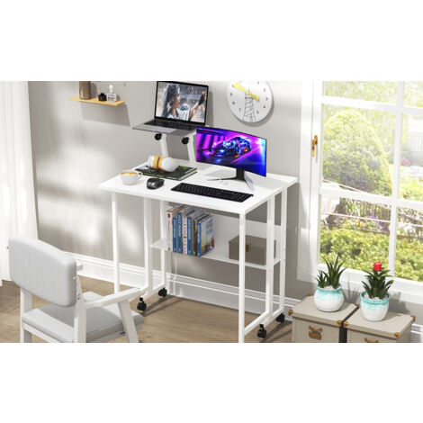 Hofuton Petite Bureau Pliant à Roulettes, Bureau Pliable Portable, Table Bureau Pliante avec Rangement, Bureaux d' Ordinateur pour Petit Espace Postes de Travail, Assemblage Facile, 58x80 cm, Blanc (1/5)