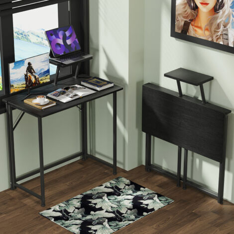 Hofuton Bureau Pliant pour Petits Espaces Table d'Ordinateur avec Support de Moniteur pour Bureau Domicile Poste de Travail Style Industriel Pieds en Métal 80x40x74cm Noir (1/5)