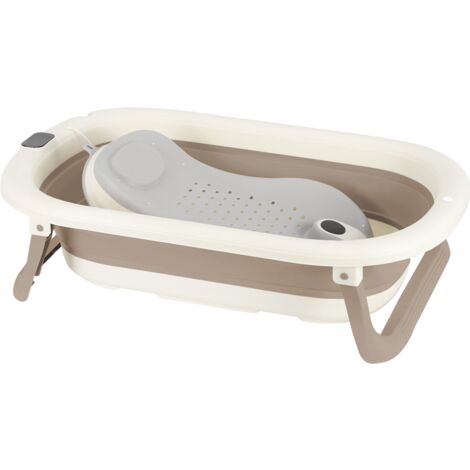 Hofuton Baignoire Pliable Bébé, Baignoire Pliable Pour Nouveau-Né Avec Coussin (0-24 Mois), Cadeau de Naissance pour Nouveau-né, Avec Thermometre Digital, Peu Encombrant, Kaki