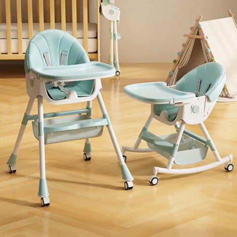 Hofuton 3 en 1 chaise haute bébé évolutive pliable cheval à bascule réglable en hauteur avec roulettes vert (1/5)
