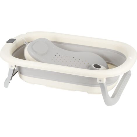 Hofuton Baignoire Pliable Bébé, Baignoire Pliable Pour Nouveau-Né Avec Coussin (0-24 Mois), Cadeau de Naissance pour Nouveau-né, Avec Thermometre Digital, Peu Encombrant, Gris