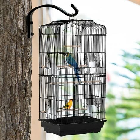 Cage pour Oiseaux Volière de Perroquet Canaries Perruche Canaris avec 2  mangeoires, 3 perchoirs Noir