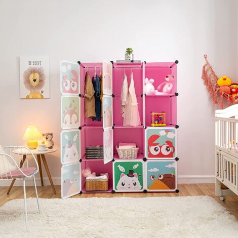 Hofuton Étagère cubes rangement penderie armoire 12 compartiments plastique modulable HxlxP: 147 x 111 x 37 cm, rose (1/5)