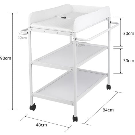 Hofuton Table à Langer, Blanche, Plan à  langer + 2 étagères, roulettes