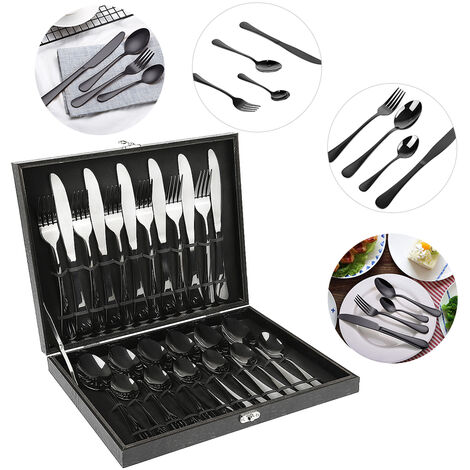 Set de couverts en acier inoxydable 24 pièces – Comprend couteaux, fourchettes, cuillères – Adapté au lave-vaisselle – Design moderne noir – Wyctin