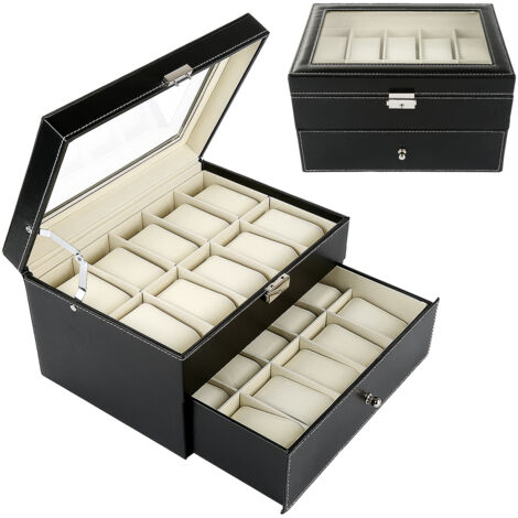Hofuton Coffret à Montre Boîte PU avec Serrure, Présentoir Double Couche pour Rangement 20 Montres Cadeau pour Homme (1/5)