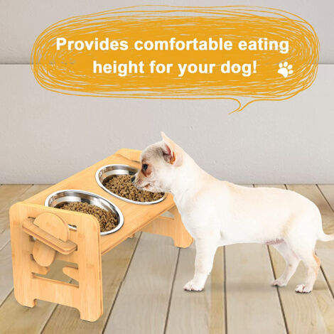 Hofuton Gamelles Surélevées - pour Chiens et Chats - Supports Surélevés en Bambou avec 2 Gamelles d'eau et de Nourriture en Acier Inoxydable - avec Pieds Antidérapants (H. 19.5 cm)