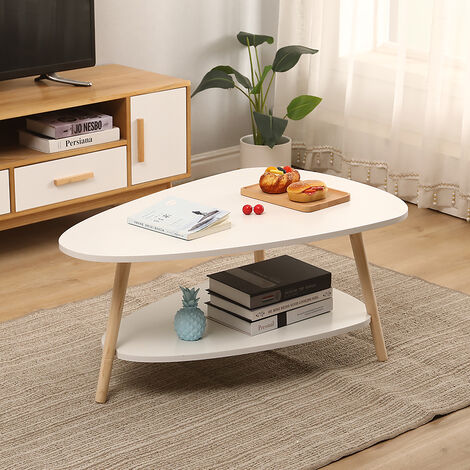 Table Basse Ovale Double Niveau En Bois - Style Mid-century - Plateau Lisse Hydrofuge - Pieds Tripodes - Pour Salon, Chambre, Balcon - Blanc