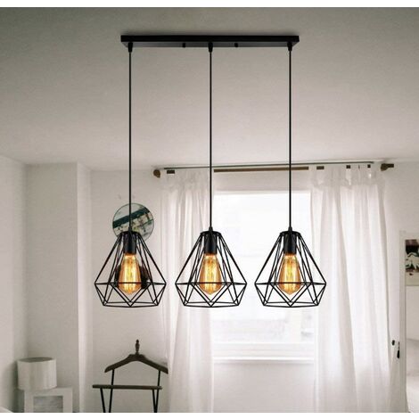 Hofuton Suspension Luminaire Industrielle 3 Tête Rétro Lustre Abat-jour Métal Noir Style 1