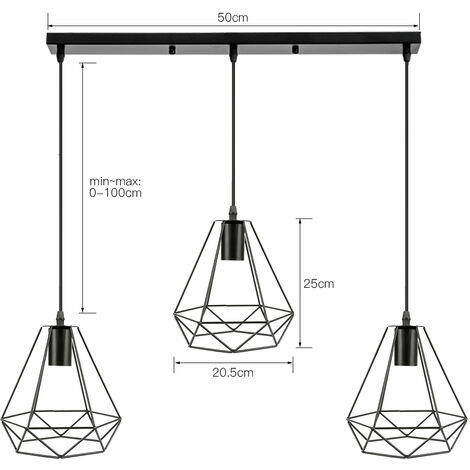 Hofuton Suspension Luminaire Industrielle 3 Tête Rétro Lustre Abat-jour Métal Noir Style 1