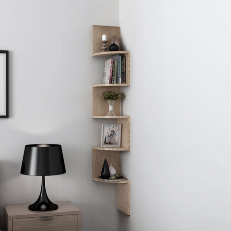 Hofuton Étagère d'angle murale à 5 niveaux, étagère flottante, 20 x 20 x 120 cm (L x l x H), chêne