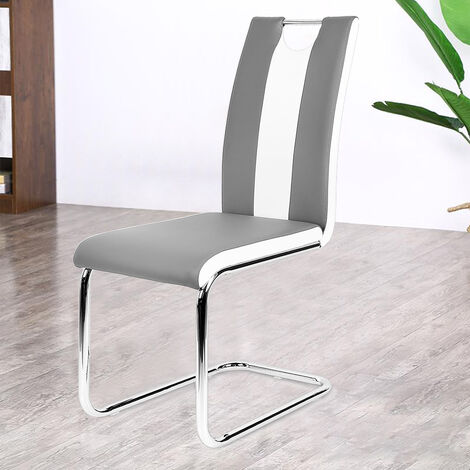 Hofuton Lot de 8 Chaises de Salle à Manger ou Cuisine avec Assise Rembourrée et Piètement Chromé (Gris+Blanc) (1/5)