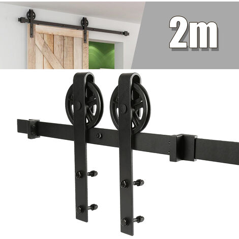 Hofuton 200 cm Simple Porte Quincaillerie pour La Prote Simple Coulissante de Grange En Bois Antique Roue de Base à Gros Rayons Noir Roller Kit Système de Porte avec Roulettes et Rail (1/5)