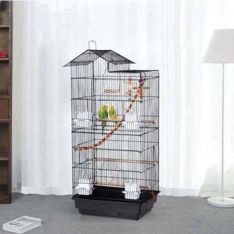Pawhut Cage à oiseaux volière avec mangeoires perchoirs plateau excrément  amovible cage pour canaris perruches perroquets 46,5 x 35,5 x 92 cm noir