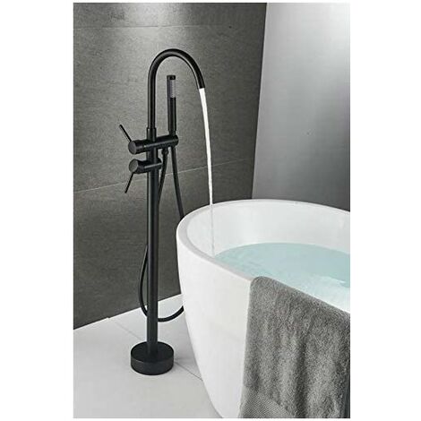 Hofuton Robinet de Baignoire Ilot Autoportante, Montage au Sol Robinet de Mélangeur de Douche avec Pulvérisateur à Main Flexible, Noir